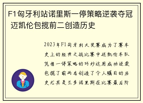 F1匈牙利站诺里斯一停策略逆袭夺冠 迈凯伦包揽前二创造历史