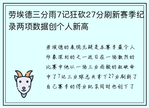 劳埃德三分雨7记狂砍27分刷新赛季纪录两项数据创个人新高