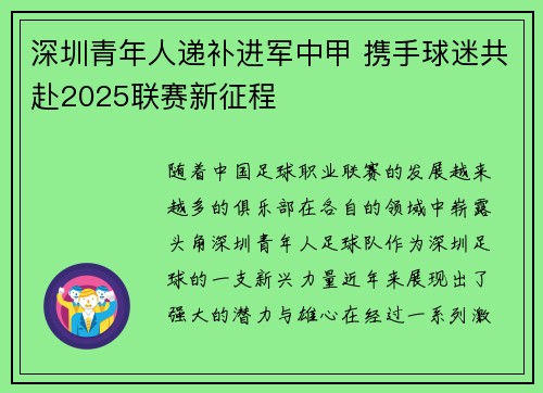 深圳青年人递补进军中甲 携手球迷共赴2025联赛新征程